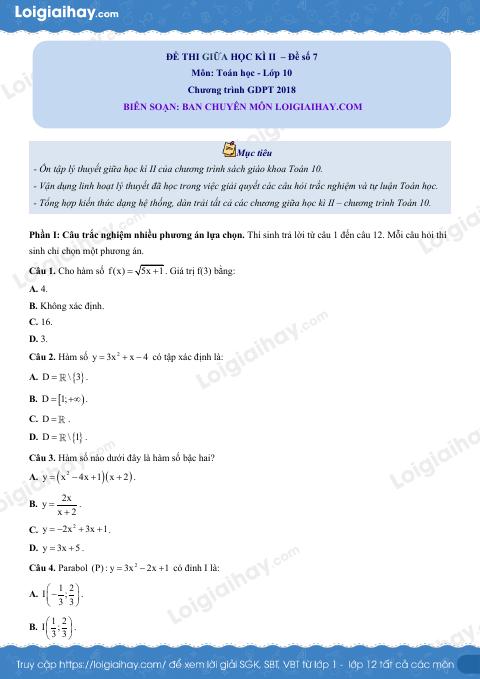 Đề thi giữa kì 2 Toán 10 - Đề số 7